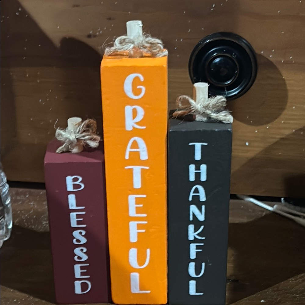 Grateful, Thankful, Blessed Wooden Block Set - Orange, Brown, Black
